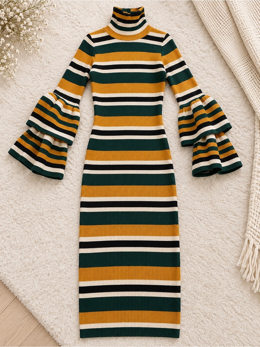 Striped Bell-Sleeve Turtleneck Midi sweater Dress in Mustard, Green & Cream